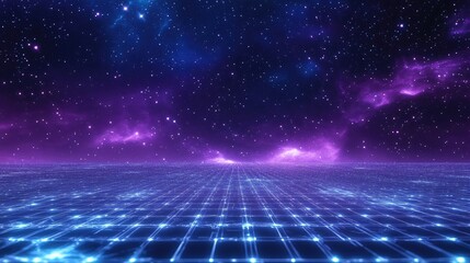 Leinwandbilder - Abstract purple blue starry background featuring a white cyberspace grid and a high tech network in a 3D cartoon rendering Deep space and outer space texture are highlighted in this universe theme