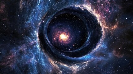 Wall Mural - 3d cartoon depiction of a black hole with powerful stars a blue cold nebula and a dark night sky set