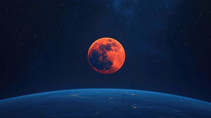 Fototapete - Beautiful Earth and the red Moon in 3D cartoon rendering