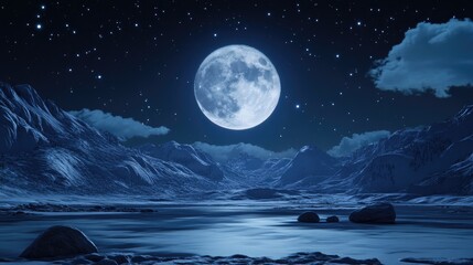 Fototapete - Bright White Full Moon at Night in 3D Cartoon Rendering