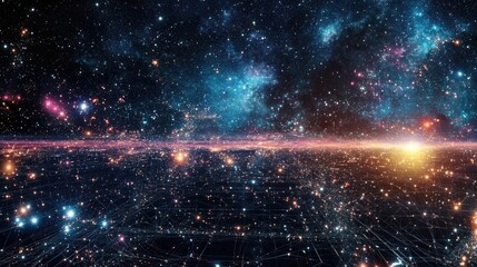 Leinwandbilder - Abstract landscape featuring a starry outer space texture with a 3D cartoon rendering of a cyberspace grid and hi tech network on a dark background