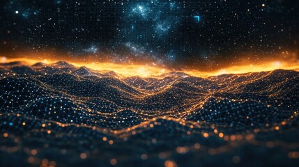 Poster - Abstract landscape in a 3D cartoon rendering featuring a dark background star horizon cyberspace grid hi tech network and starry outer space texture