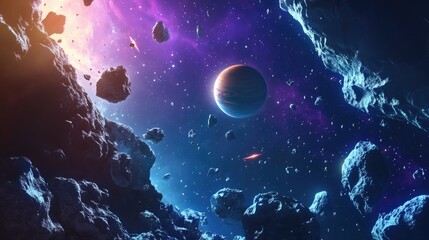 Aufkleber - 2D illustration in a cartoon draw style featuring a 3D rendering Various science fiction creative backdrops set in deep interstellar space showcasing stars planets and moons Space art illustration