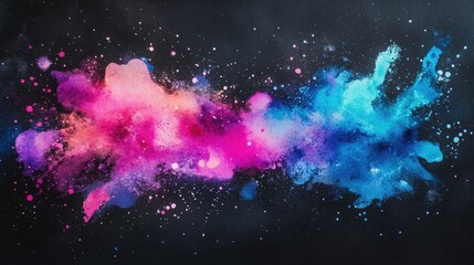 Poster - Vivid ink textured blue pink and purple colors in a 3D cartoon rendering of an abstract cosmic design This bright vintage inspired watercolor illustration features smeared elements on a black pape