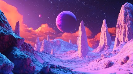 Aufkleber - Alien planet landscape in a 3D cartoon rendering featuring a science fiction illustration with a stunning view and a beautiful space background