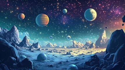 Aufkleber - 2D illustration featuring a cartoon space background with a deep vast expanse filled with stars planets and moons Various imaginative science fiction backdrops and space art depicting alien solar 