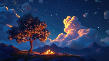 Aufkleber - Cartoon rendering in 3D of glowing clouds above mountains with a campfire under a tree featuring star trails against a dark blue sky Night photography captured with long exposure showcasing a vast