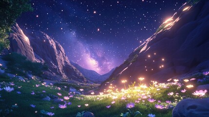 Fototapete - Cartoon rendering in 3D of the Milky Way in a mountainous setting