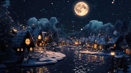 Aufkleber - Cartoon rendering in 3D of a moonlit night scene