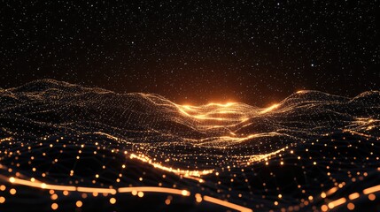 Leinwandbilder - Abstract landscape in a 3D cartoon rendering features a dark background star horizon cyberspace grid and a hi tech network presenting a starry outer space texture in this 3D illustration