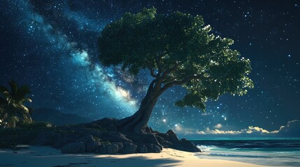Aufkleber - 3D cartoon rendering depicting the Milky Way above a large tree on a tropical beach under a night sky