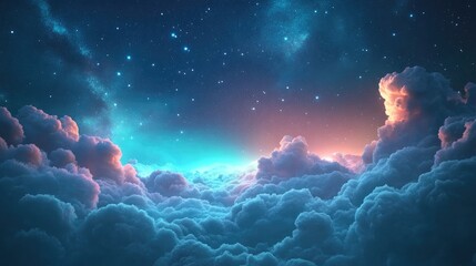 Fototapete - Landscape background of a fantasy alien galaxy featuring glowing clouds and stars illuminated by light in a 3D cartoon rendering