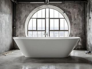 Big white bathtub in a middle of industrial loft bathroom style with grunge cement wall.