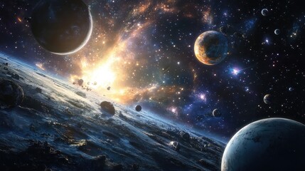 Aufkleber - 3D cartoon depiction of 2D illustration featuring deep interstellar space with stars planets moons and comets showcasing various science fiction creative backdrops in space art