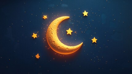 Aufkleber - Night scene with moon and stars in 3D cartoon rendering featuring a flat color icon Realistic illustration Pictogram isolated Top view with colorful transparent shadow design