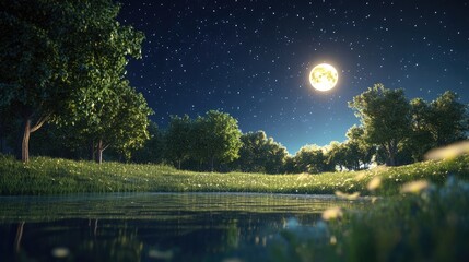 Aufkleber - Moonrise Above Summer Forest Park depicted in a 3D cartoon rendering showcasing a starry night sky in a tranquil countryside landscape
