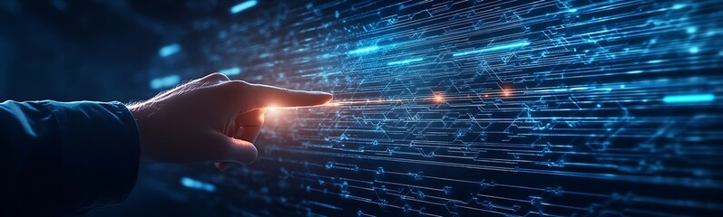 Leinwandbilder - A glowing finger reaches toward a digital interface of flowing blue data streams, symbolizing technology and interaction.