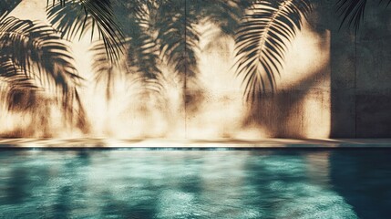 Wall Mural - 50.A high-end outdoor setting at a tropical resort, with clear blue pool water and the shadows of palm leaves creating a soft pattern on a minimalist concrete wall. The scene is bathed in warm