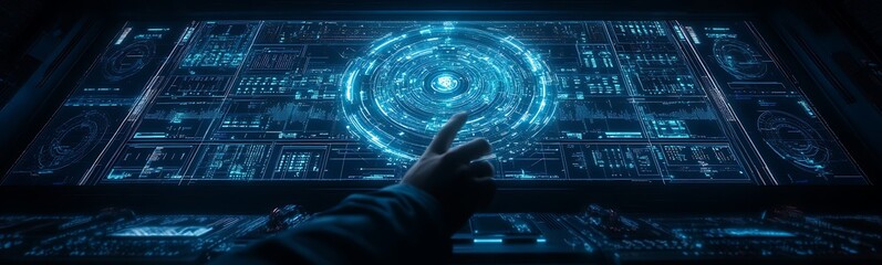 Poster - A futuristic control interface displays glowing blue circuits and stars, with a hand reaching out to interact with the digital elements.