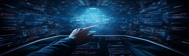 Poster - A futuristic digital interface with a hand reaching out amidst a display of sparkling data points and light, suggesting advanced technology and interaction.