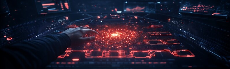 Fototapete - A futuristic control interface with vibrant red lights and intricate patterns, suggesting advanced technology and data manipulation.