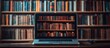 © Almahyra - A laptop computer displays an image of a bookshelf with books, in front of a blurred bookshelf filled with books.