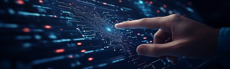 Fototapete - A dynamic hand interacts with a digital interface, showcasing technology, data visualization, and interactive design in a futuristic setting.