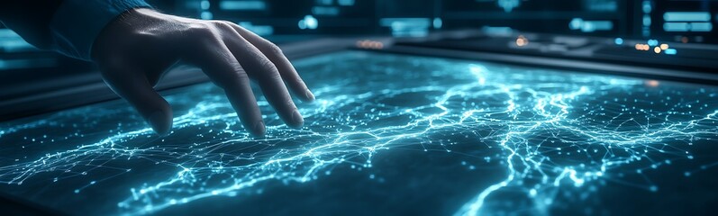 Poster - A hand interacts with a glowing, interactive surface displaying a network of blue particles and flowing lines, evoking a sense of technology and connectivity.