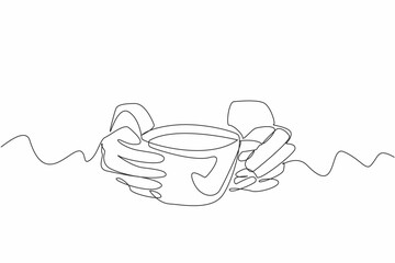 Poster - Single line drawing of hands holding a cup of tea. Relaxing beverage concept. National Hot Tea Day. World event. A symphony of flavors in every cup