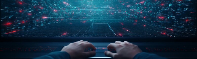 Aufkleber - A digital scene showcasing hands on a keyboard amidst a vibrant, data-filled environment, illustrating the theme of technology and information processing.