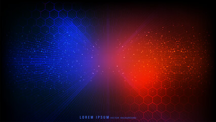 Wall Mural - dynamic red and blue abstract background with hexagonal grid overlay, radial light bursts