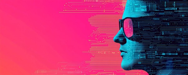 Wall Mural - a futuristic portrait of a person with sunglasses, contrasting vibrant colors and digital patterns.