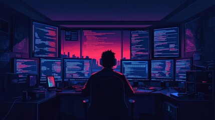 A Focused Programmer Engrossed in Multiple Monitors with Colorful Code Against a City Skyline During Twilight Hours