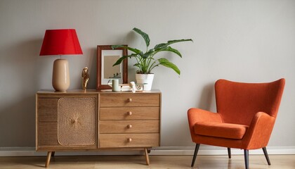 Ai Generate Stylish room of home interior with brown mock up frame with vintage accessories, plant, orange chair and red retro table lamp Cozy home decor Minimalistic concept Modern composition of cup