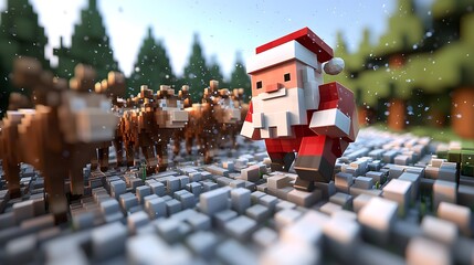 Wall Mural - Santa Claus running with reindeer in a snowy landscape