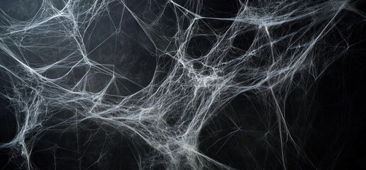 A detailed close-up of a spider web with intricate white strands against a dark background.