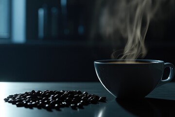 Coffee Cup Steam Close Up with Beans on Dark Table