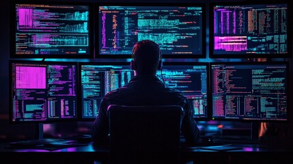 Focused Programmer Analyzing Complex Data on Multiple High-Resolution Monitors in a Darkened Room with Vibrant Neon Coding Aesthetic