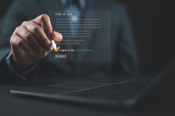 Businessman Sign Terms of use concept, reading terms and conditions of website or service before clicking button agree. Terms and conditions of contract