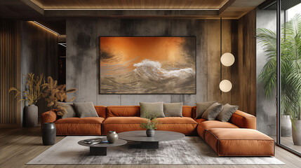 Wall Mural - Minimalist, loft interior design of modern living room with earthy tones, featuring a terra cotta sectional sofa, black coffee table, and a textured wall art piece. Desig concept