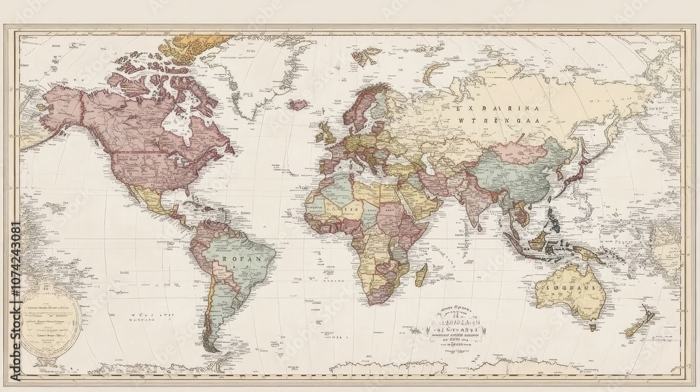 Classic Map Layout Classic world map with old-school typography for country names and ...