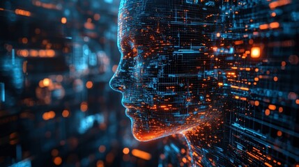 Digital Profile of a Cybernetic Head Constructed from Glowing Data Streams in a Futuristic Technology Landscape