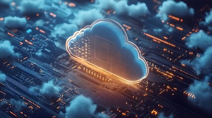 Wall Mural - electric cloud computing blue and orange neon technology background