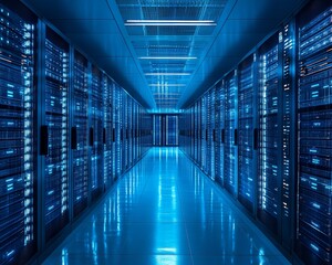 Leinwandbilder - Futuristic Data Center Hallway with Blue Lighting and High-Tech Servers