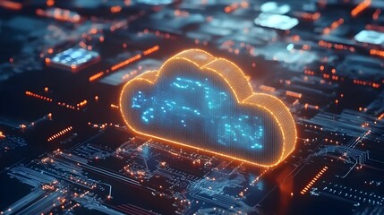 Wall Mural - neon blue and golden yellow bright 3d cloud on a technology circuitry background