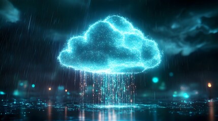 Wall Mural - glowing blue neon electric cloud data storm