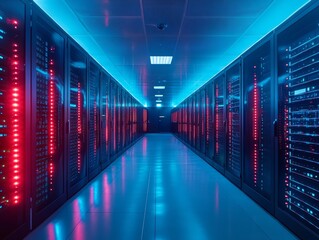 Poster - High-Tech Data Center with Neon Lights and Server Racks