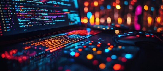 Close-up of a laptop keyboard with colorful code on the screen and a blurry background of colorful lights.