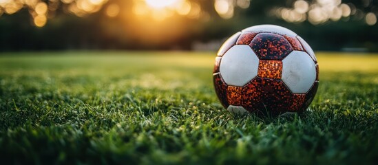 Wall Mural - Close-up of a soccer ball on green grass with a blurry background of sunset.