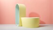 © Rabia - A minimalistic podium with smooth curved surfaces in pastel colors accented with pops of neon yellow, AI Generated